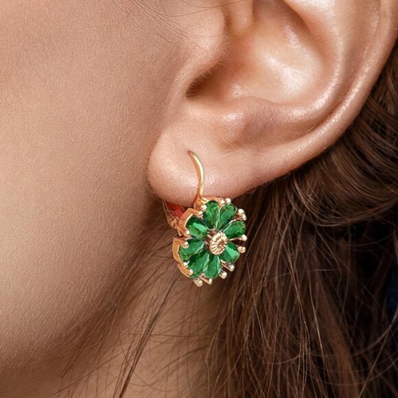 Women's Green Trendy Beautiful Unique Flower Leverback Vintage Floral Earrings - Picture 2 of 7